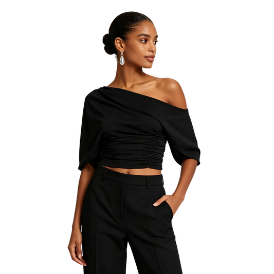 Asymmetric Off Shoulder Crop Top Women Draped Batwing Short Sleeve Ruched Waist Slim T-shirt